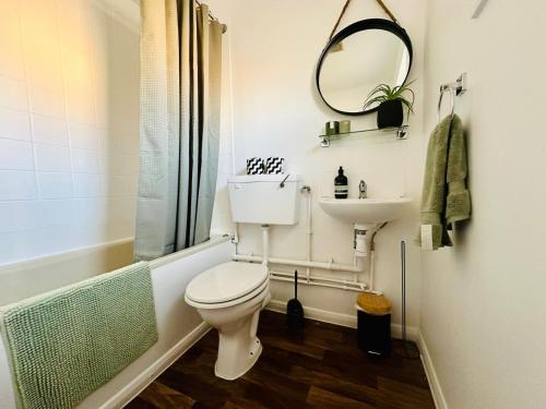 a bathroom with a toilet and a sink at Charming Studio Apartment with Free Parking & WiFi in Milton Keynes by HP Accommodation in Milton Keynes