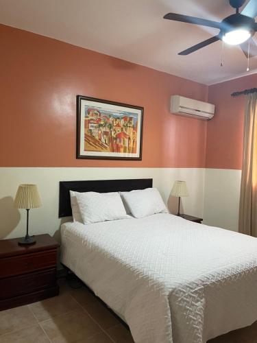 um quarto com uma cama e uma ventoinha de tecto em Apartahotel Alvear em Santo Domingo