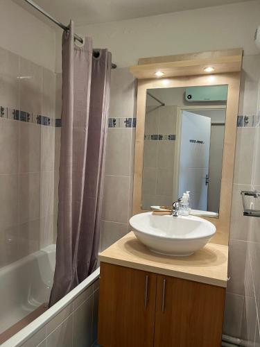 a bathroom with a sink and a tub and a mirror at Appartement V de ROLAND Luz VDR212 in Luz-Saint-Sauveur