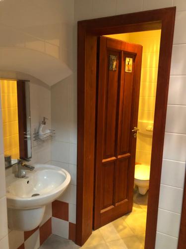 ein Bad mit einem Waschbecken und einem WC in der Unterkunft Apartman U Andela in Strakonice
