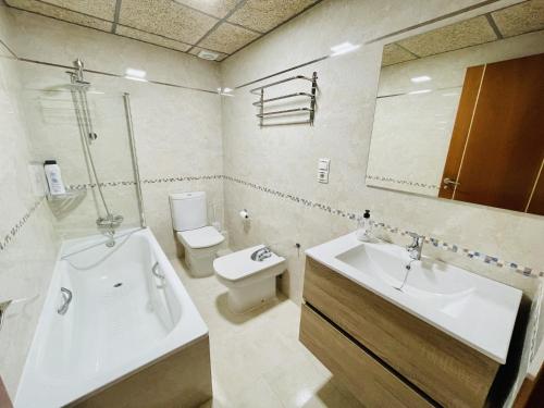 une salle de bain avec un lavabo, des toilettes et une baignoire dans l'établissement Apartamento con patio en Cádiz centro, à Cadix