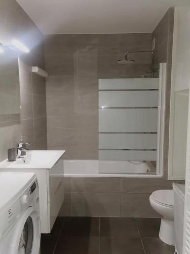 une salle de bain avec machine à laver et toilettes dans l'établissement Le Phalsbourg - Escapade citadine à Strasbourg, à Strasbourg