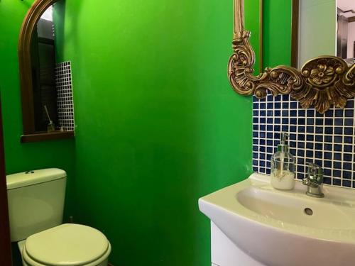 a green bathroom with a toilet and a sink at SPA Versalles in Las Lagunas