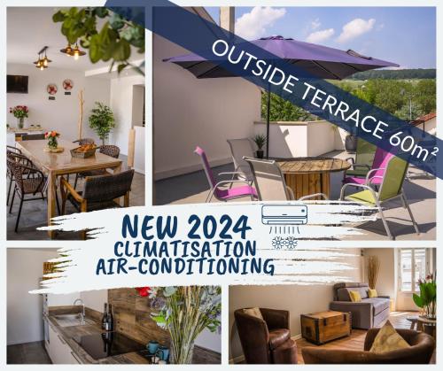 a collage of pictures of a living room with an umbrella at Terrasse 86 - Terrasse & Climatisation - 4-6 personnes - BnB Epernay in Épernay