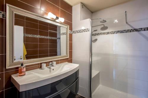 une salle de bain avec un lavabo et une douche dans l'établissement L'Escapade Urbaine - Exceptionnel Charmant 3 pièces proche Cathédrale, à Strasbourg