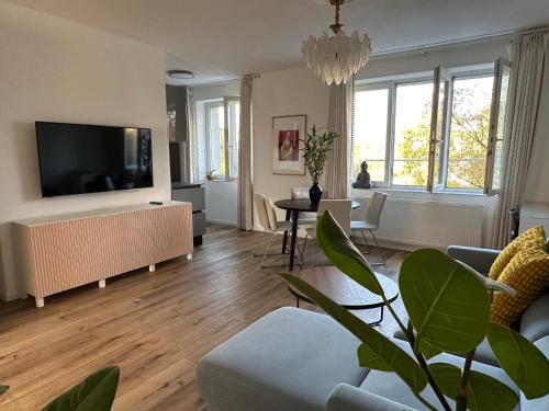 a living room with a couch and a tv at Nana Apartment in Poruba