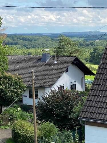 a white house sitting on top of a hill at 120 Jahre altes Fachwerkhaus in Bachenberg