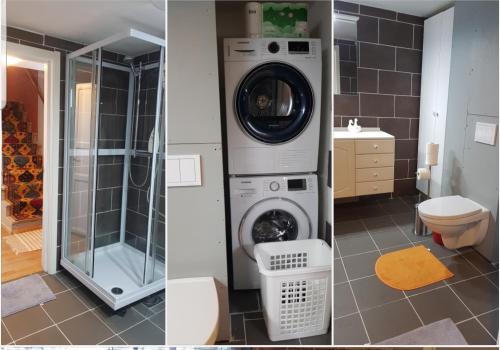 a washing machine in a bathroom with a shower at Fin Villa nära insjön Burtäsket in Burträsk