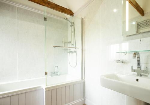 a bathroom with a shower and a sink at Sychpant Barn in Velindre