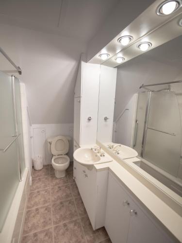 a white bathroom with a toilet and a sink at Appartement Jacques Cartier in Saguenay