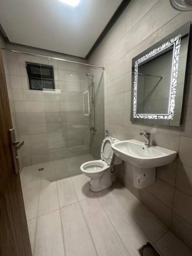 a bathroom with a sink and a toilet and a mirror at cozy home near all services (21) in Rujm ash Sharāʼirah