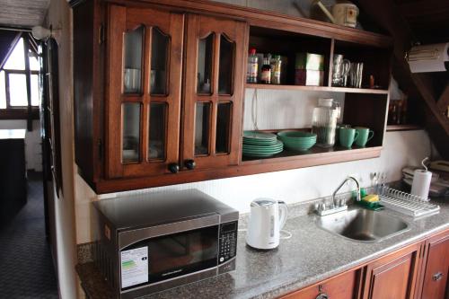a kitchen counter with a microwave and a sink at Casa de Tulia in Quito