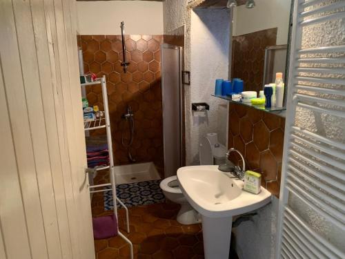 La petite salle de bains est pourvue d'un lavabo et de toilettes. dans l'établissement Petit Moulin Renaisance, 