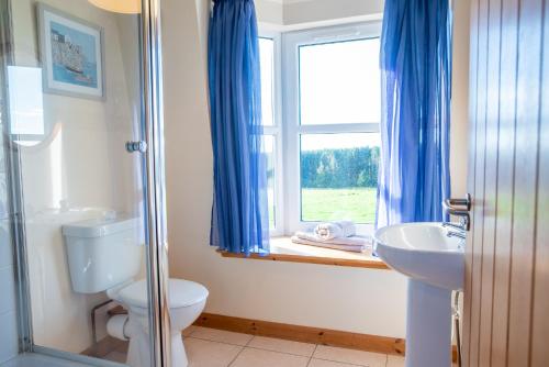 łazienka z toaletą, umywalką i oknem w obiekcie Hillside Cottage w Aberdeen