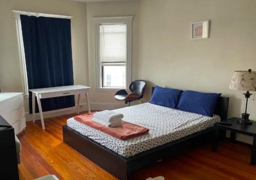 a bedroom with a bed with blue pillows and a desk at Spacious 2 Bed 1 Bath In Mid West in New York