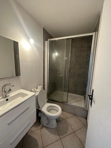 La salle de bains est pourvue de toilettes, d'une douche et d'un lavabo. dans l'établissement Prdc0, au Blanc-Mesnil