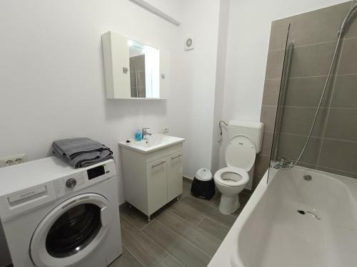 ein Badezimmer mit Waschmaschine und Toilette in der Unterkunft GH apartments in Gura Humorului