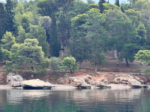 a body of water with rocks and trees in the background at Seamore Pension in Galaxidhion