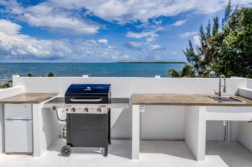 a kitchen with a grill and a sink and the ocean at White Sands Beach House in Maya Beach