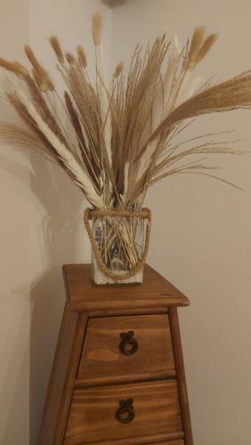 a vase sitting on top of a wooden dresser at Loft Aguas de la Sierra in Benamahoma