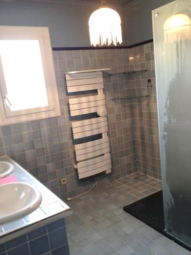 une salle de bain avec douche et lavabo dans l'établissement Maison charmante à Cruas + Piscine, à Cruas