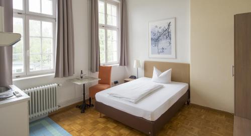 a bedroom with a bed and two windows at Apartment Hotel Konstanz in Konstanz