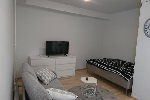 a living room with a couch and a bed at Studio Kakolanmäellä in Turku