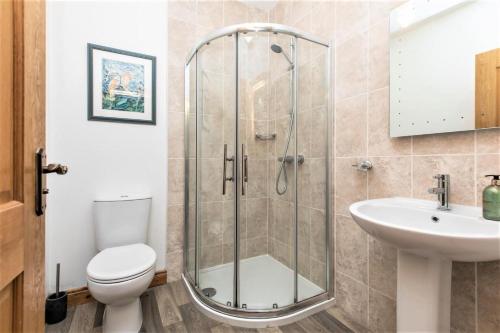 a bathroom with a shower and a toilet and a sink at Dunhill Cottage B&B in Hillsborough