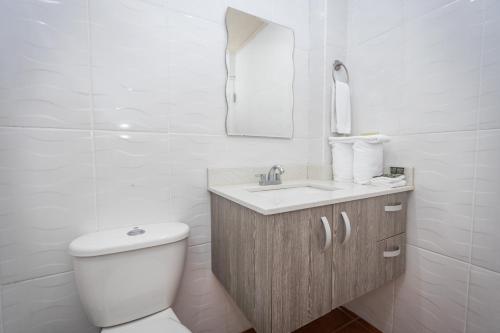 a bathroom with a toilet and a sink and a mirror at El Oasis Hotel y Restaurante in Boquete