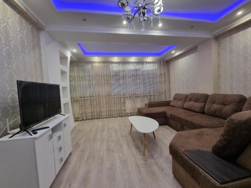 ein Wohnzimmer mit einem Sofa und einem TV in der Unterkunft 1 bedroom and living, Testemiteanu str. in Chişinău