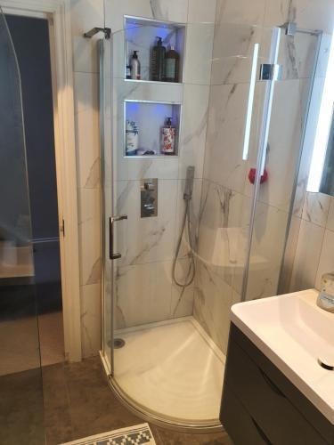 La salle de bains est pourvue d'une douche avec une porte en verre. dans l'établissement Daniari guest rooms, à Erith