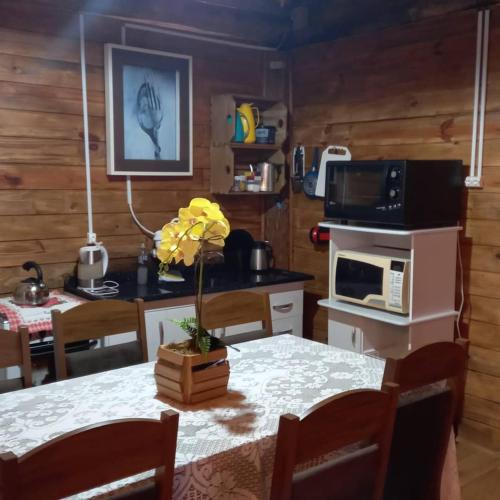 烏魯比西的住宿－Sítio Fundo Da Grota，厨房配有带微波炉的桌子和用餐室