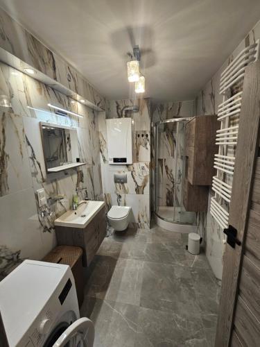 een badkamer met een wastafel, een toilet en een douche bij Nowa piaskowa apartament in Wągrowiec
