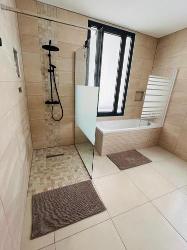uma casa de banho com um chuveiro, uma banheira e um lavatório. em Villa Anna Lucia & sa dépendance em Saint-Pierre