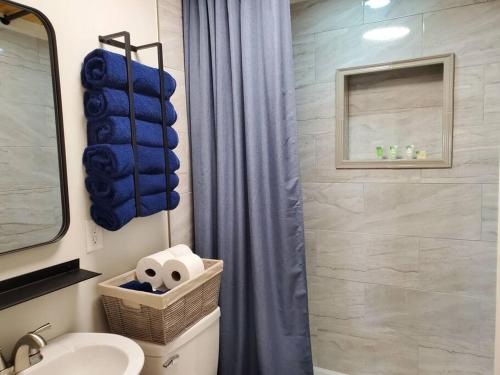 a bathroom with a shower and a toilet and a sink at Camp St. Cabanas Unit 2 on Lake Dora in Tavares