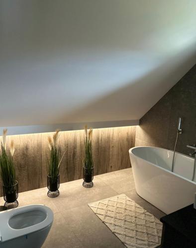 łazienka z wanną, toaletą i roślinami w obiekcie Leśne Wzgórze Apartamenty w Korbielowie