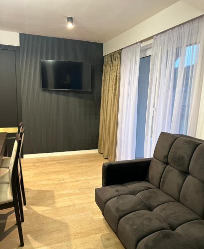 a living room with a couch and a flat screen tv at Leśne Wzgórze Apartamenty in Korbielów