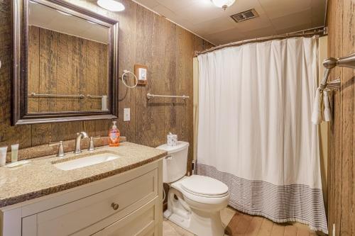 a bathroom with a toilet and a sink and a shower at Sunset View in Hazelhurst