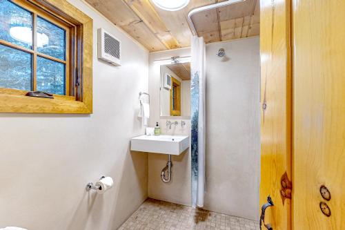 a bathroom with a sink and a mirror at The Cozy Govy Cabin in Government Camp