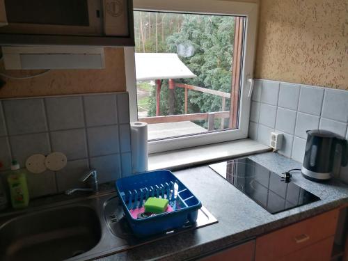 a kitchen sink with a dish drying rack next to a window at Weidmannsruh Apartment für 2 bis 3 Personen in Frauendorf
