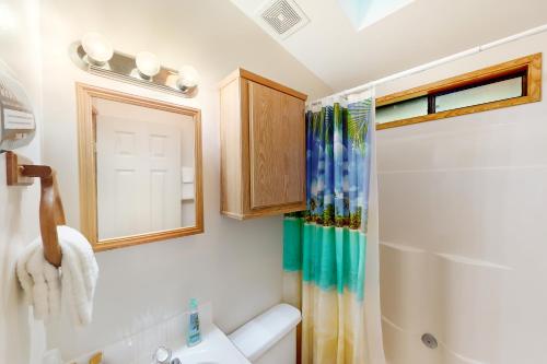 uma casa de banho com um chuveiro, um lavatório e um espelho. em White Narwhal em Carpenterville