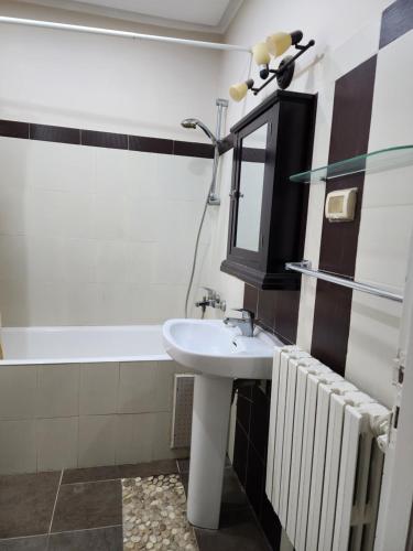 a bathroom with a sink and a bath tub at Duplex bien equipe securise avec jardin et veranda in La Marsa