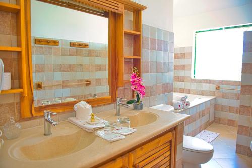 a bathroom with a sink and a toilet and a mirror at Hoteles Josefina Las Terrenas in Las Terrenas