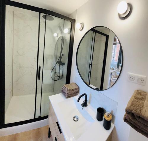 W łazience znajduje się prysznic, umywalka i lustro. w obiekcie Appartement Chaleureux en Hyper Centre à Lille w Lille