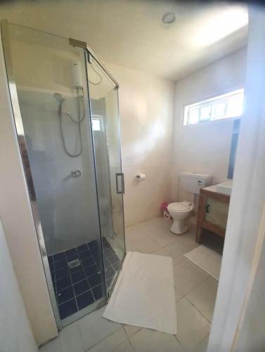 a bathroom with a shower and a toilet at Wolfgramm Beachfront Motel in Utungake
