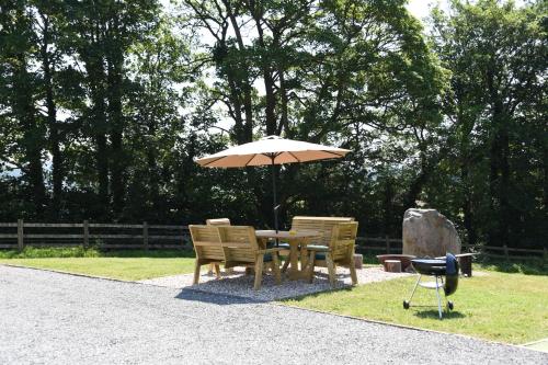 a table and chairs with an umbrella and a grill at Maen Llwyd in Llanyre