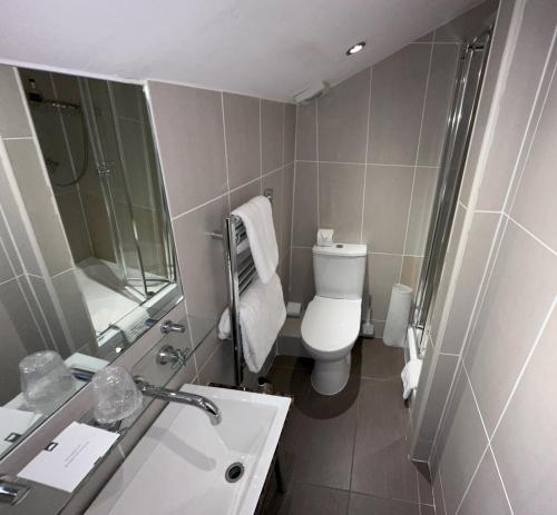 a bathroom with a toilet and a sink and a mirror at Duke Of Normandie in St Peter Port