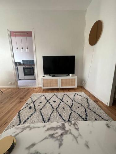 a living room with a television and a rug at Le Studio 41 in Caen