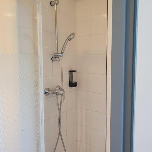 a shower with a shower head in a bathroom at Enzo Hotels Loudeac By Kyriad Direct in Loudéac