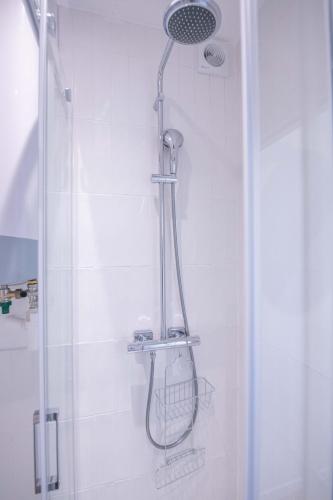 une douche avec pommeau de douche dans une salle de bain dans l'établissement Portes de Paris RER C à 2 min WiFi & Parking Inclus, à Choisy-le-Roi